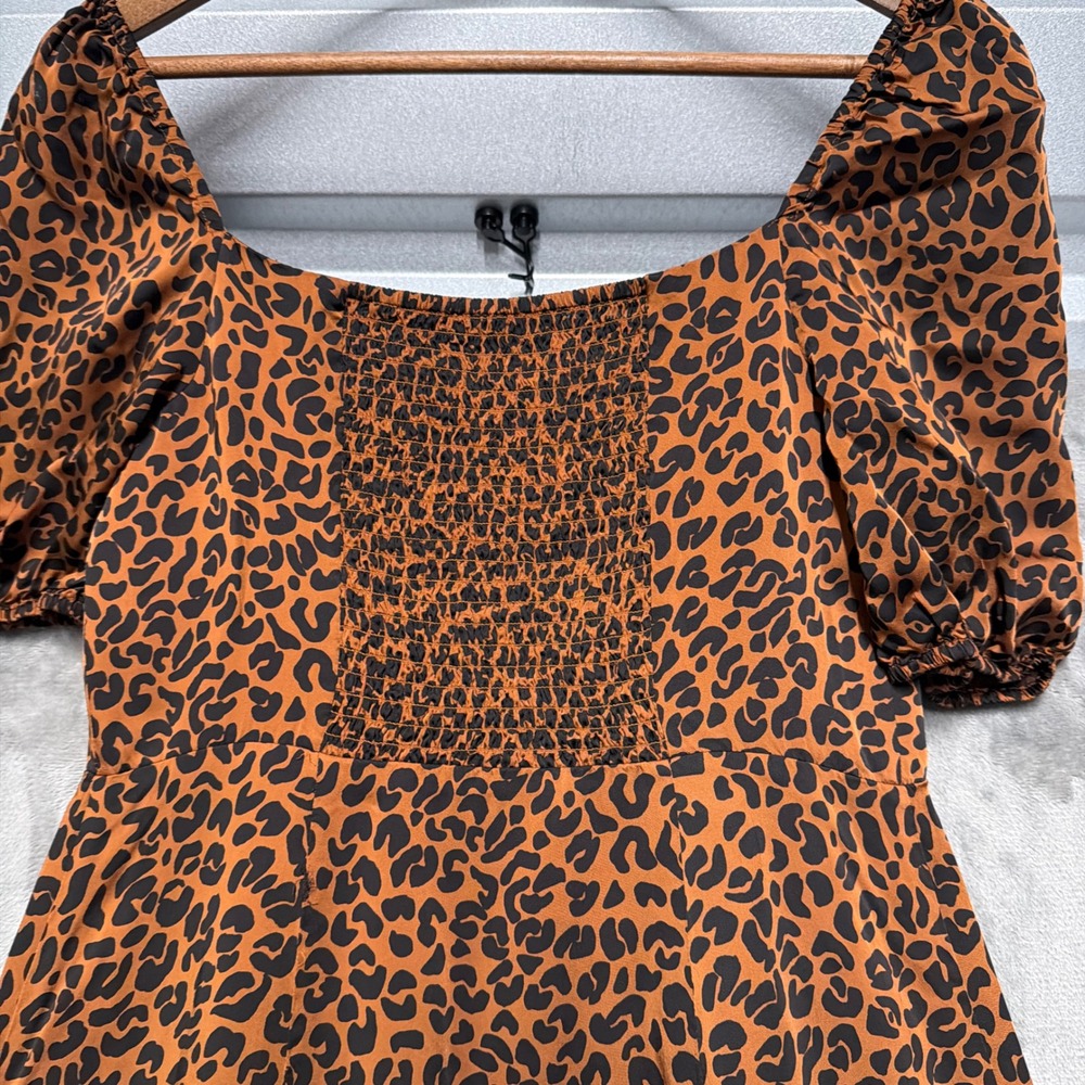 Good American Leopard Print Midi Dress Womens 3 Large Brown Button Front Smocked - Picture 8 of 12